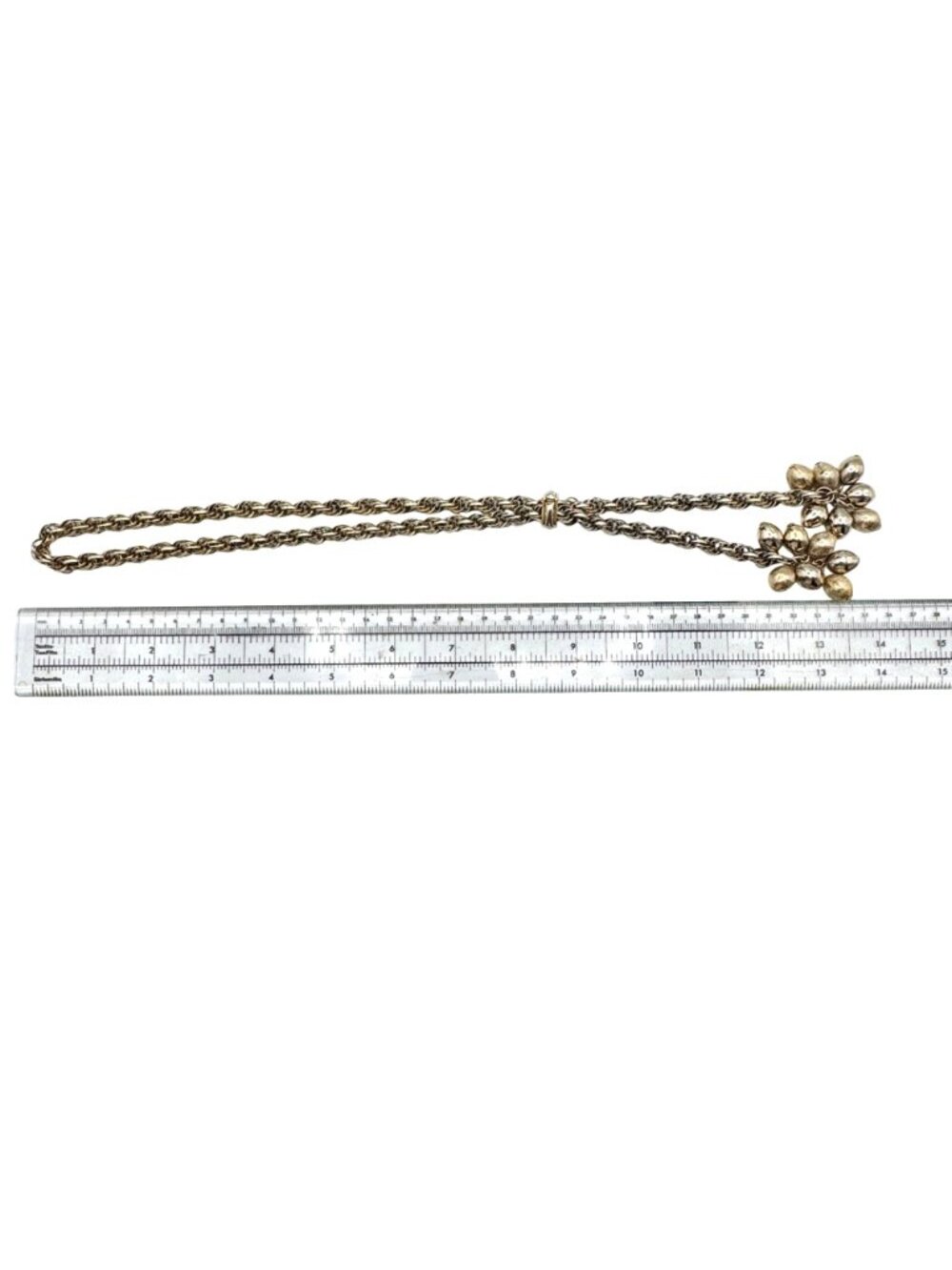 Twisted Rope Tassel Lariat Necklace With Dual Gold-Tone Cluster Charms Vintage - Picture 8 of 8